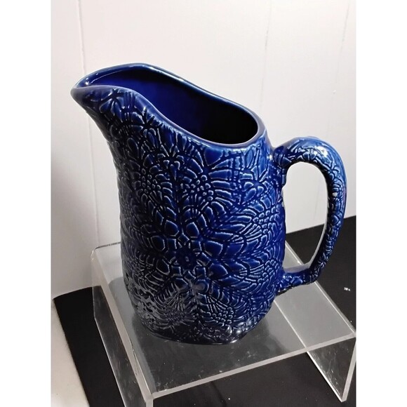 Beaver Farm Pottery Floral Cobalt Blue Water Pitcher  Ice Tea - Picture 4 of 7